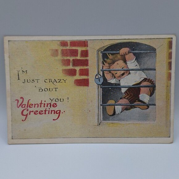 Vintage Valentine Postcard Cute Kid Illustration Love Note Series 238 Crazy - Picture 1 of 5